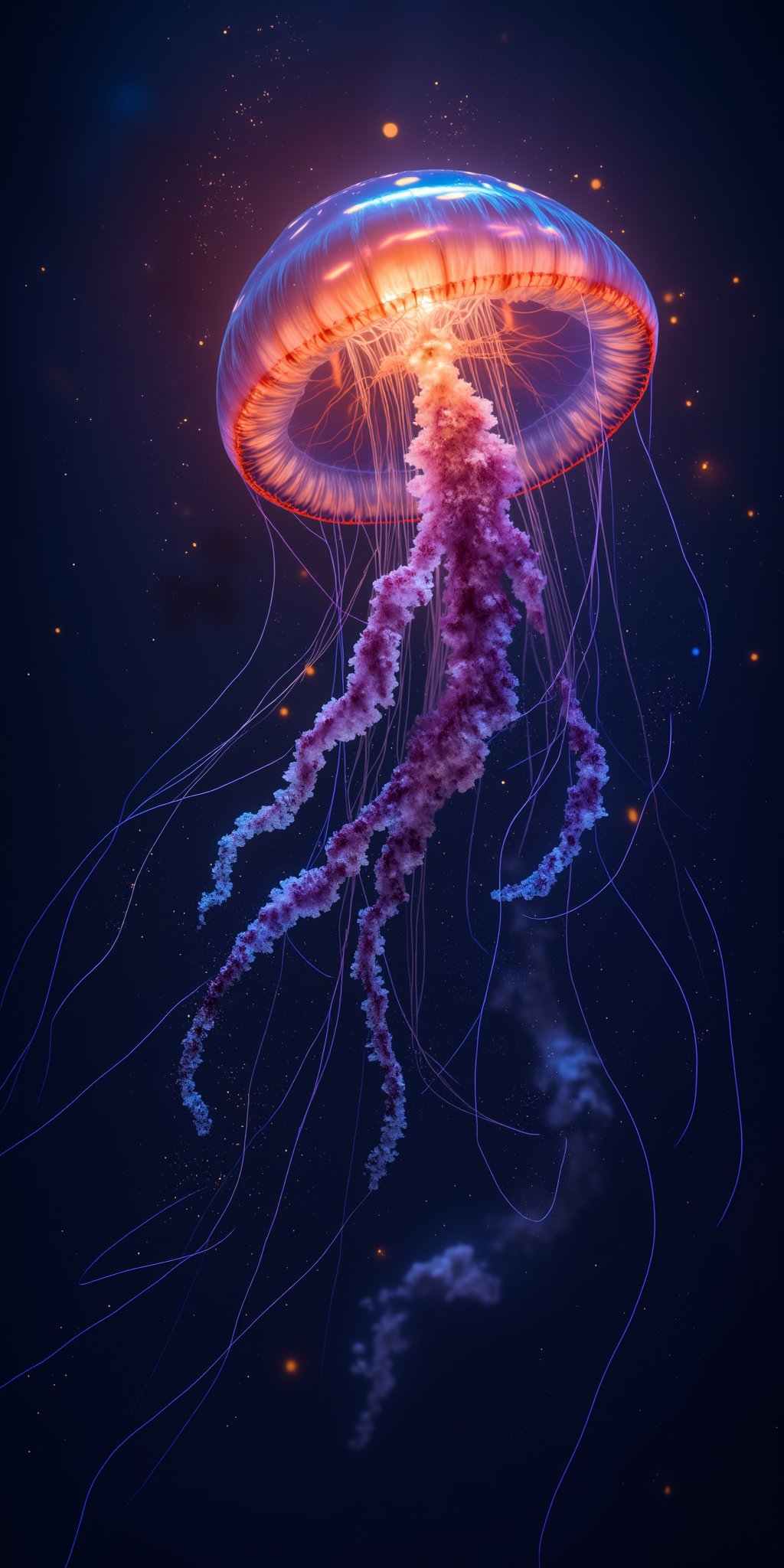 8K UHD realistic photography masterpiece, a mesmerizing, otherworldly jellyfish suspended in mid-air. Its slender, extraterrestrial-like tentacles stretch out like celestial fingers, illuminated by a soft, lucent glow. A kaleidoscope of colors dance across its body, including iridescent blues and purples, vibrant oranges, and shimmering silvers. The sparse use of color creates an air of mystique, as if the jellyfish has traveled from the depths of space to share its secrets.