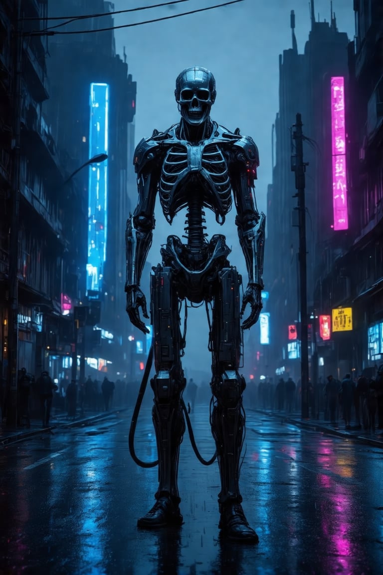 A futuristic cityscape at dusk, with neon lights reflecting off wet pavement. In the foreground, a skeleton cyborg stands tall, its metallic body gleaming in the fading light. Polycarbonate plating covers its torso, while wires and circuitry are visible beneath the surface. Futuristik architecture looms behind it, with sleek lines and angular shapes. The atmosphere is eerie and foreboding, with an air of mechanized menace.