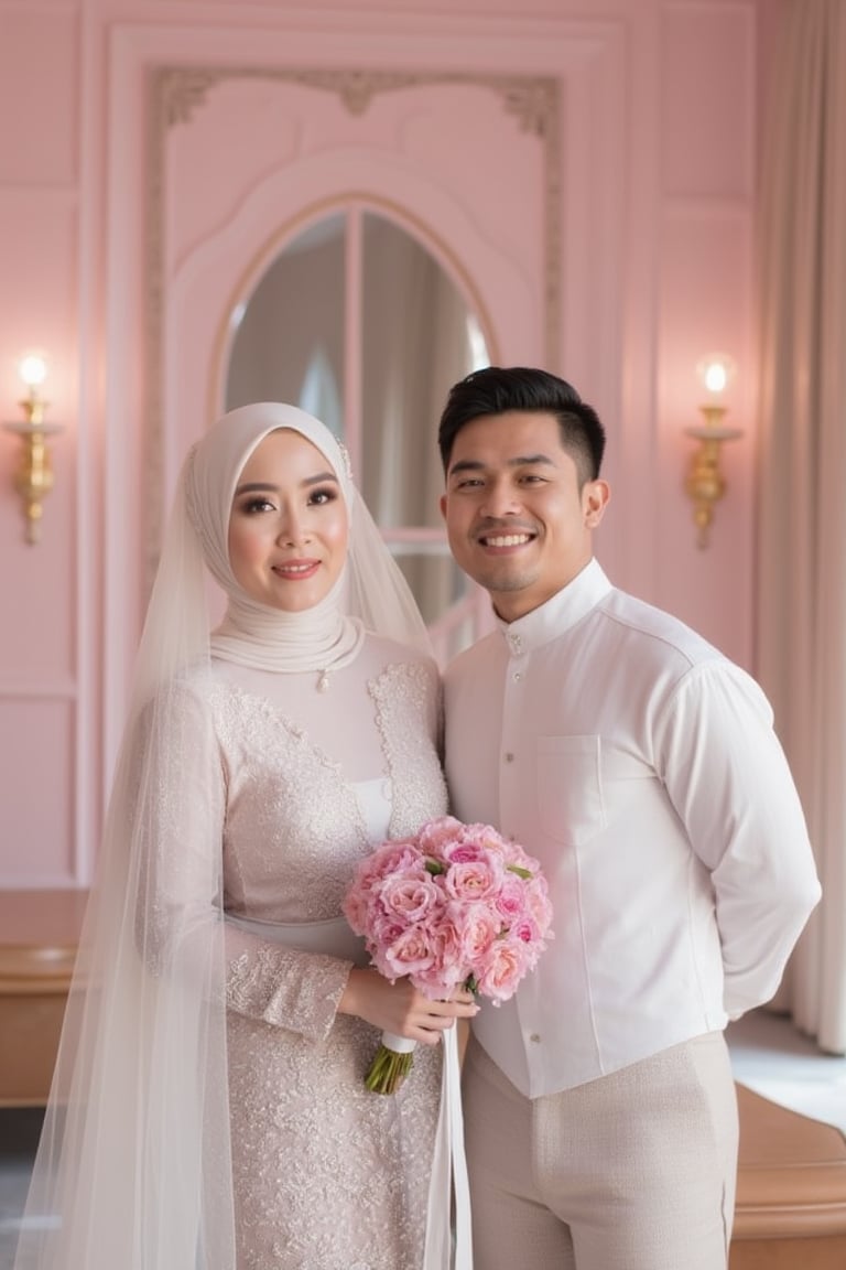 A beautiful bride in a white kebaya with a hijab stands beside a handsome groom in a white shirt, both smiling happily in a lavish pink-themed mansion. She holds a bouquet of pink flowers. Ultra-high detailed, 8k resolution. The scene is framed with elegant decor and soft lighting, capturing their radiant joy and the luxurious setting.