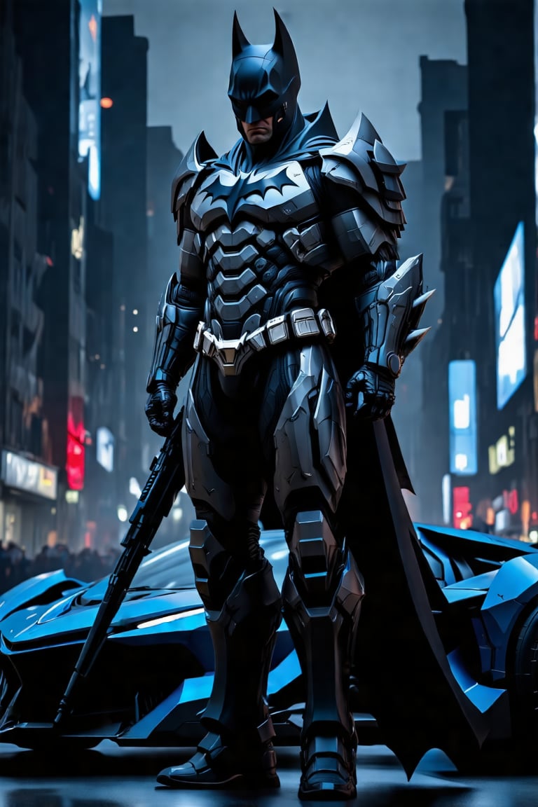 BATMAN in cyborg Mecha armor, Standing on batmobile side, future weapon