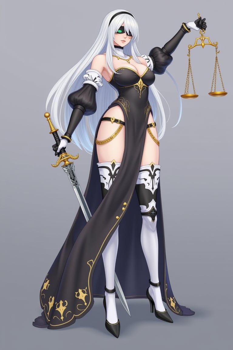 2b yorha,Nier: Automata,platinum bob, 2b, as a lady of justic, Lady Justice (Latin: Iustitia) is an allegorical personification of the moral force in judicial systems.[1][2] Her attributes are scales, a sword and sometimes a blindfold