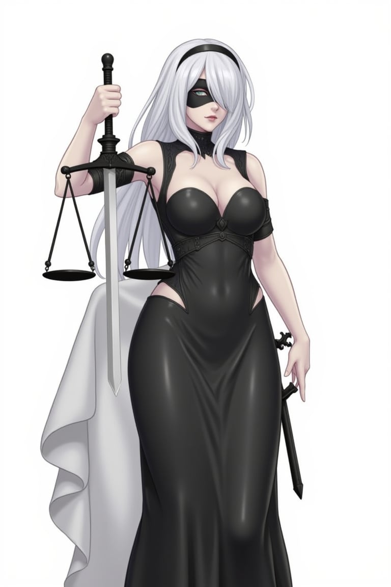 2b yorha,Nier: Automata,platinum bob, 2b, as a lady of justic, Lady Justice (Latin: Iustitia) is an allegorical personification of the moral force in judicial systems.[1][2] Her attributes are scales, a sword and sometimes a blindfold