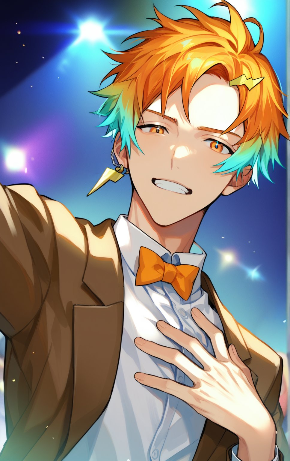 score_8_up,score_9_up,source_anime, 1boy, (solo focus),usami_rito,orange hair,aqua hair,gradient hair,orange eyes,hair ornament,earrings, on_stage, white_shirt, brown_suits, parted_bangs, one_eye_closed, hand_on_own_chest, bowtie, (teenager:1.2)