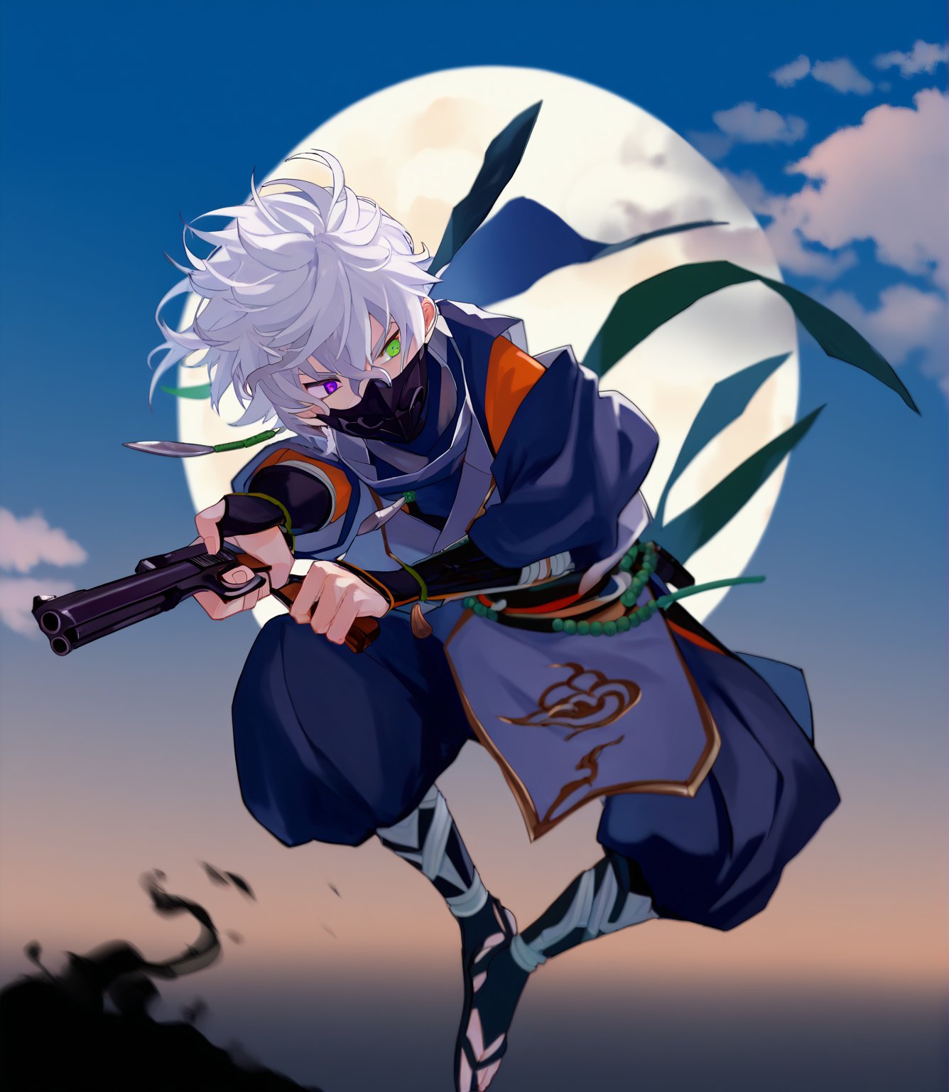 ink, score_8_up,score_9_up,source_anime,full-body_portrait, white_background,1boy, solo_focus, (ninja:1.3),murakumo_kagetsu,green eyes,purple eyes,heterochromia,white hair,flying,jumping, (battle_stance), (hand_gun), (kodachi), black_clothes,night, moon, cloud, motion_blur, face_mask, smog, hair_2nd ,washpainting