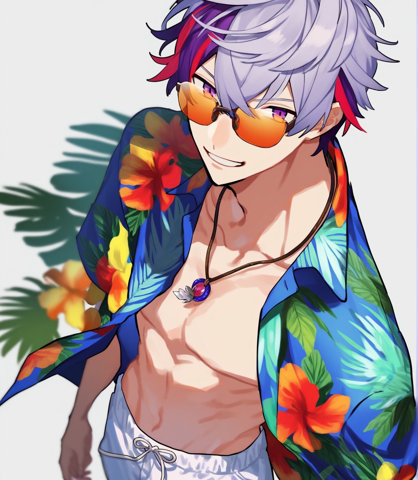 score_8_up,score_9_up,source_anime,full-body_portrait, white_background,1boy, solo_focus,fuwa_minato,grey hair, multicolored hair,purple hair, streaked hair, red hair, hair between eyes, purple,hawaii_shirts, beach shorts, necklace, orange_sunglasses, open_shirt