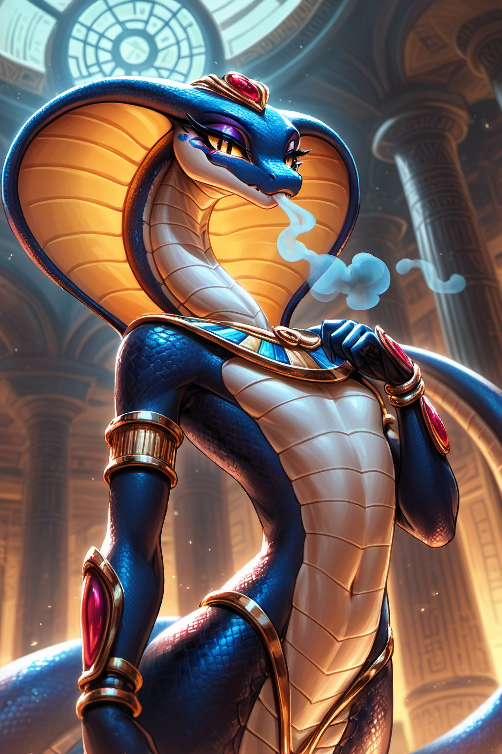 Score_9, Score_8_up, Score_7_up, volumetric_lighting, chiaroscuro_lighting, vibrant, portrait, ((naga, apode, legless)), snake, scalie, yuan-ti, cobra, (egyptian, predatory_smile), slim_waist, flat_chest, (black_scales, black_body), ((expressive, thick_eyelashes, detailed_expression, teasing, steamy_breath)), view_from_below, pov, pinning_down_the_viewer, by; minus8, by: teckworks, by: 0r0ch1, by: dimwitdog, 1girl, armor, jewelry, interior, intricate, rich garden background