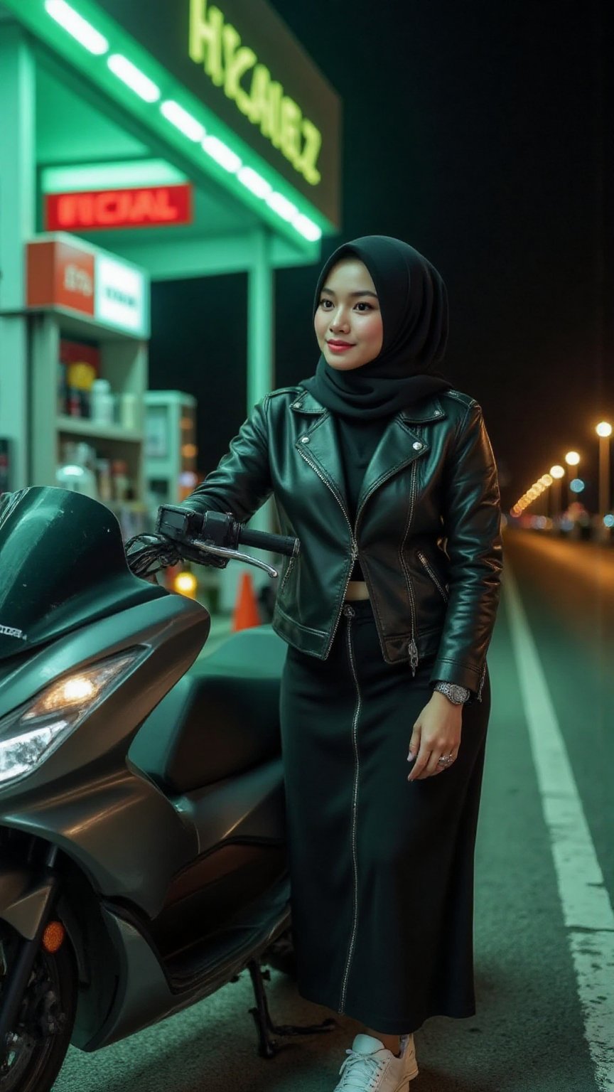 A mesmerizing curvy body Japanese woman with dark hijab stands beside a ((HONDA PCX)) motorcycle at a nearly empty gas sta...