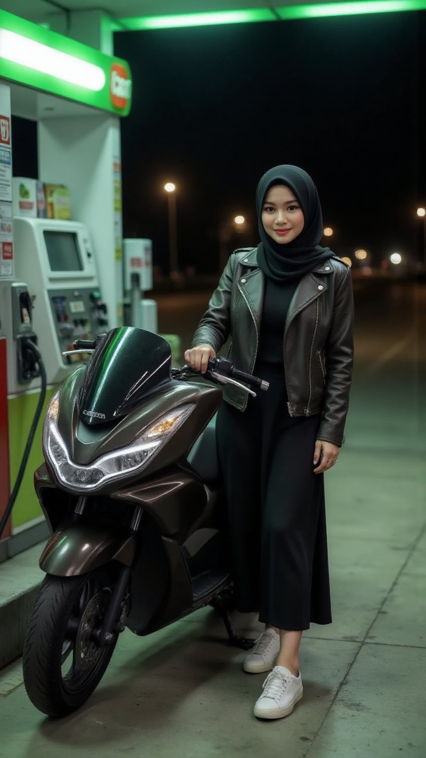 A mesmerizing curvy body Japanese woman with dark hijab stands beside a ((HONDA PCX)) motorcycle at a nearly empty gas sta...