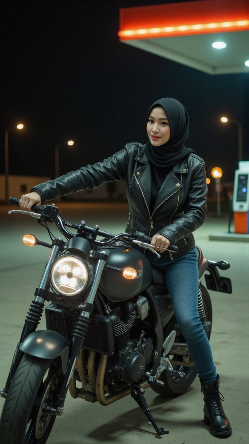A mesmerizing curvy body Japanese woman with dark hijab stands beside a sleek black motorcycle at a nearly empty gas stati...