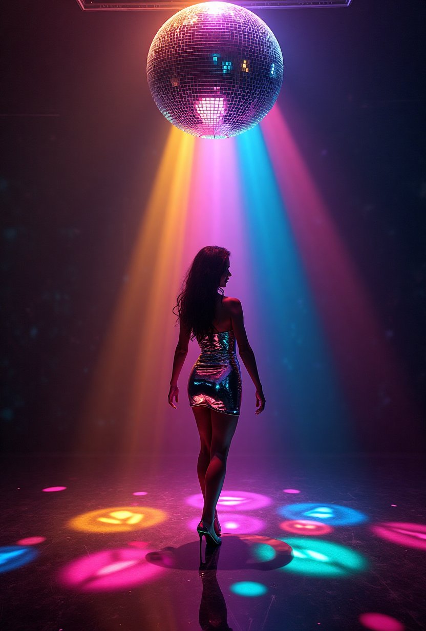 A surreal,  artistic scene where a large,  shimmering disco ball is the central element. The disco ball hangs in the darkn...