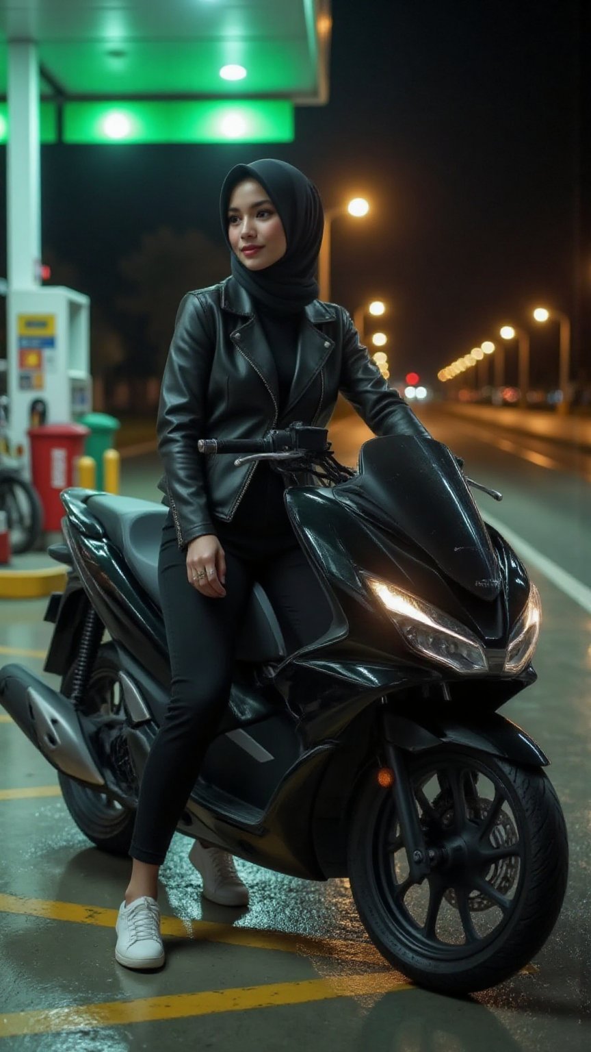 A mesmerizing curvy body Japanese woman with dark hijab stands beside a sleek black motorcycle at a nearly empty gas stati...
