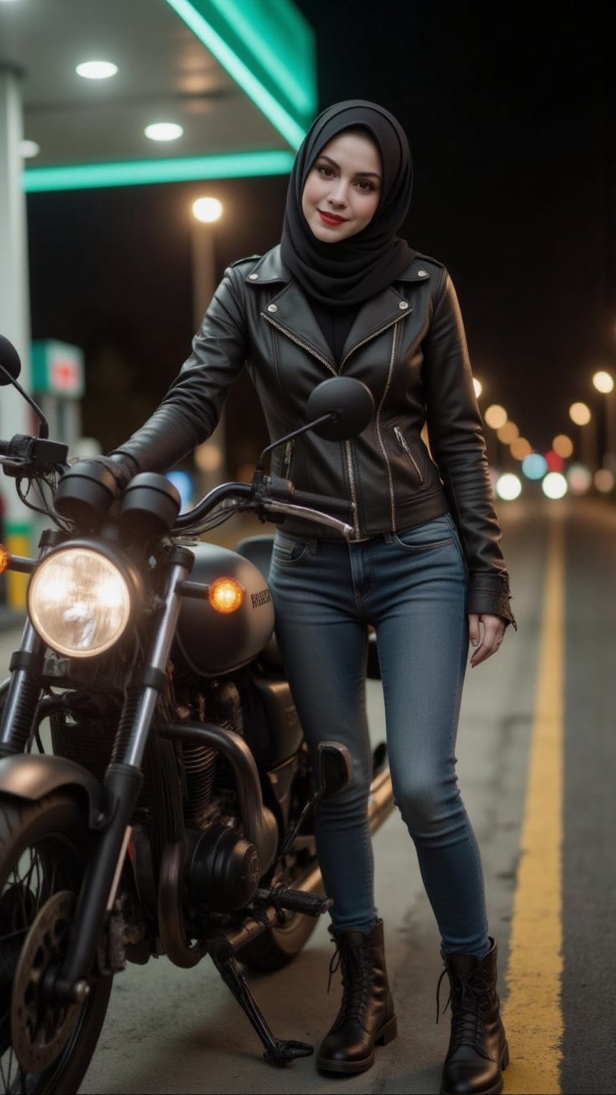 A mesmerizing curvy body Japanese woman with dark hijab stands beside a sleek black motorcycle at a nearly empty gas stati...