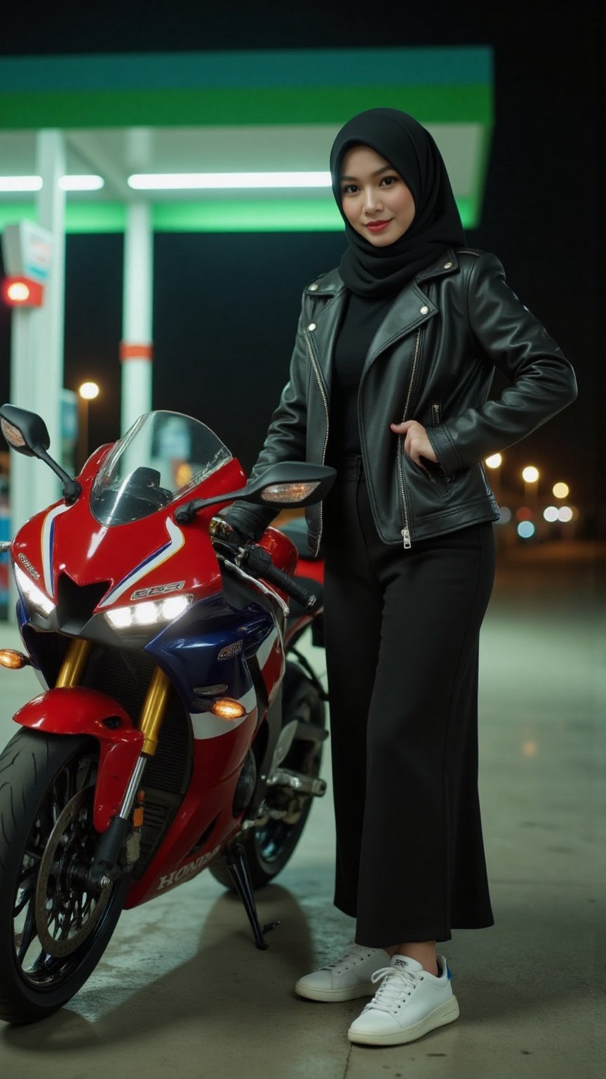 A mesmerizing curvy body Japanese woman with dark hijab stands beside a ((HONDA CBR1000RR)) motorcycle at a nearly empty g...
