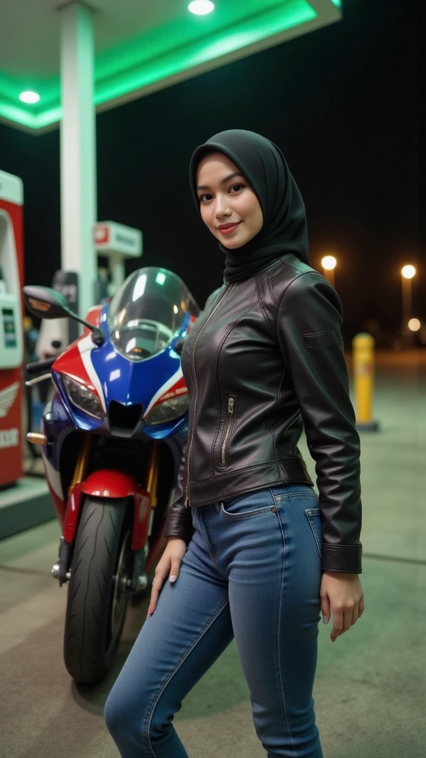 A mesmerizing curvy body Japanese woman with dark hijab stands beside a ((HONDA CBR1000RR)) motorcycle at a nearly empty g...
