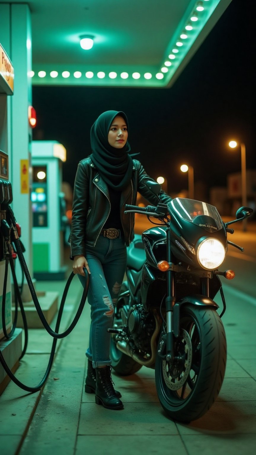 A mesmerizing curvy body Japanese woman with dark hijab stands beside a sleek black motorcycle at a nearly empty gas stati...