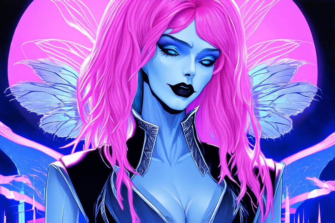 A neon pink haired pale blue fairy vampire, silver trim fantastical styled outfit, amazing thin electrical blue lines in her face, inked illustration, a digital cityscape moody haunting