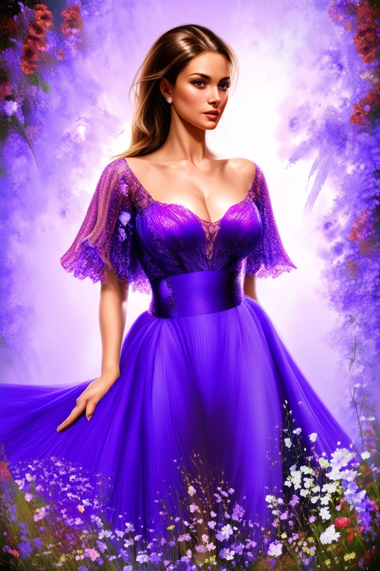 Portrait of a beautiful woman in a wondrous purple dress with flowers surrounding her realistic digital art 4k
