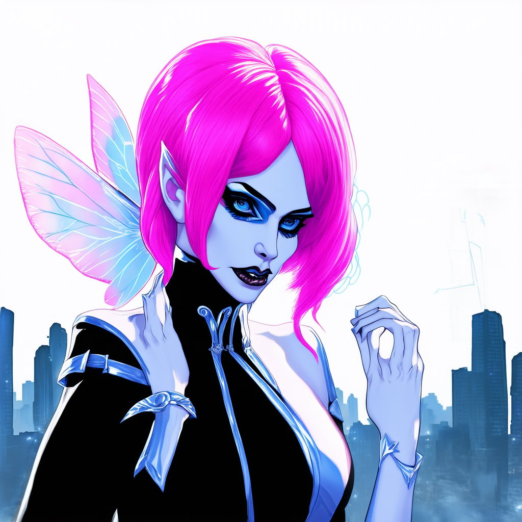 A neon pink haired pale blue fairy vampire, silver trim fantastical styled outfit, amazing thin electrical blue lines in her face, inked illustration, a digital cityscape moody haunting