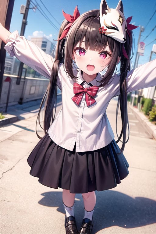 1girl, solo, open_mouth, long_hair, closed_eyes, socks, striped_shirt, shirt, striped, standing, outdoor, white_socks, long_sleeves, skirt, facing_viewer, vertical-striped_shirt, full_body, bow, dress, child,red eyes,black_hair,twintail, arms_behind-back,sparkle, mask_on_head, pov, zoom, 