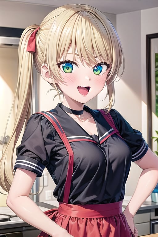 1girl, kitchen, solo, long_hair, hand_on_hip, hair_over_eyes, choker, apron, smile, bangs, blue_apron, knife, school_uniform, looking_at_viewer, open_mouth, apple, serafuku, black_bow, long_sleeves, blush, black_choker, bow, eyes_visible_through_hair, sailor_collar, black_shirt, :d, fruit, food, shirt, black_serafuku,blonde_hair,green_eyes