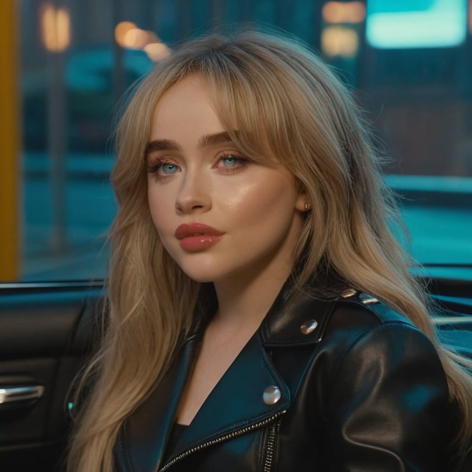 a girl wearing a short full leather outfit, 4k, 18k, hairstyle, perfect face, Espresso,Sabrina Carpenter, thick pink lips, masterpiece high quality 18K, Hyperrealism, Realistic vision, rosy cheeks, realistic woman, a girl, Woman, best quality, woman, high quality, good lighting, A woman, Short n Sweet , girl, beauty, a girl who wears a leather outfit, she is in  black car, the background is a modern city, neon lights, city with rain, black car, thick pink lips, Sabrina carpenter,Blue eyes,Rosy cheeks,Long wavy blonde hair with bangs, curtain bangs, cinematic, 80s thriller, rain, dark, dark modern, colorful, rainy, night, dark