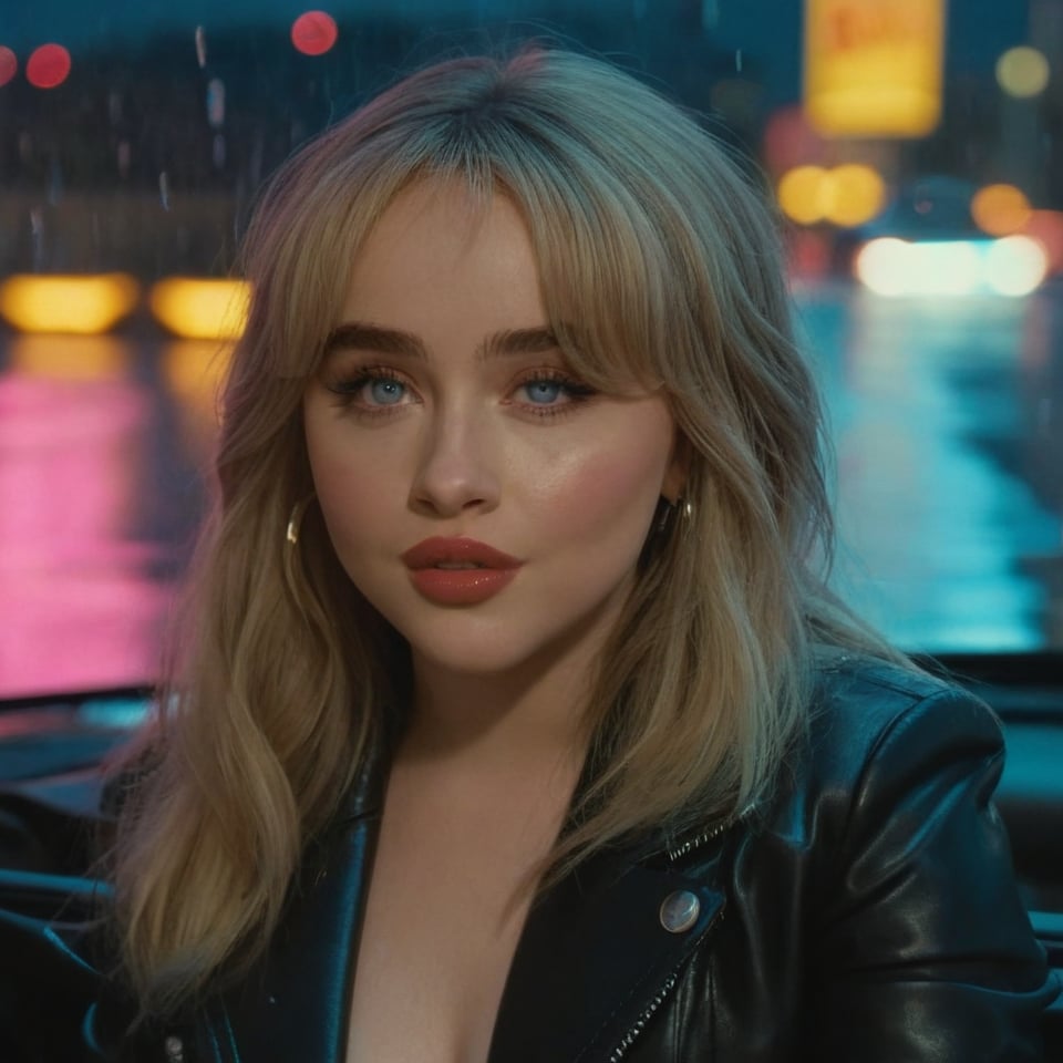 a girl wearing a short full leather outfit, 4k, 18k, hairstyle, perfect face, Espresso,Sabrina Carpenter, thick pink lips, masterpiece high quality 18K, Hyperrealism, Realistic vision, rosy cheeks, realistic woman, a girl, Woman, best quality, woman, high quality, good lighting, A woman, Short n Sweet , girl, beauty, a girl who wears a leather outfit, she is in  black car, the background is a modern city, neon lights, city with rain, black car, thick pink lips, Sabrina carpenter,Blue eyes,Rosy cheeks,Long wavy blonde hair with bangs, curtain bangs, cinematic, 80s thriller, rain, dark, dark modern, colorful, rainy, night, dark