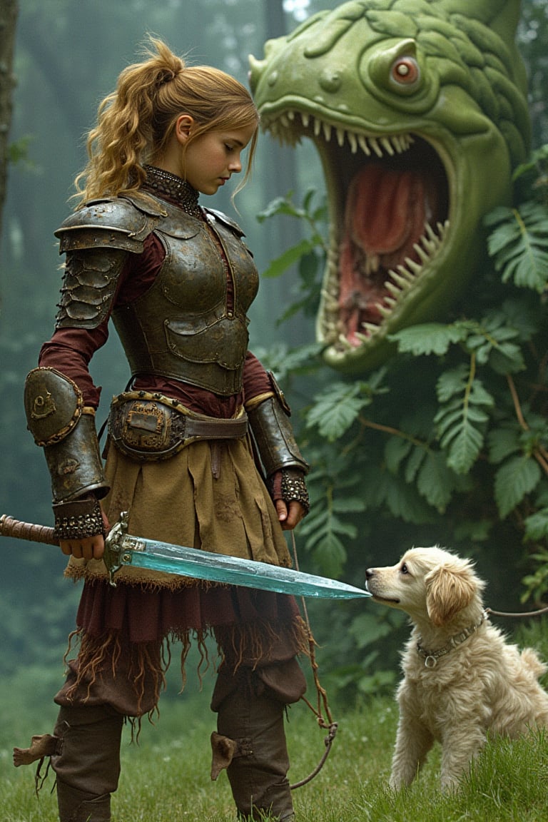 Ultra detailed illustration of a young warrior girl (Emma Watson) confronting a carnivorous plant. The girl wears heavily dented leather armour and wields a magic ice sword. as well as an iron buckler with a "Hello Kitty Emblem" The plant seemingly ate her pet, at least we see a bulging in one plant chamber and a leash looks out of that. Realistic photo, funny.