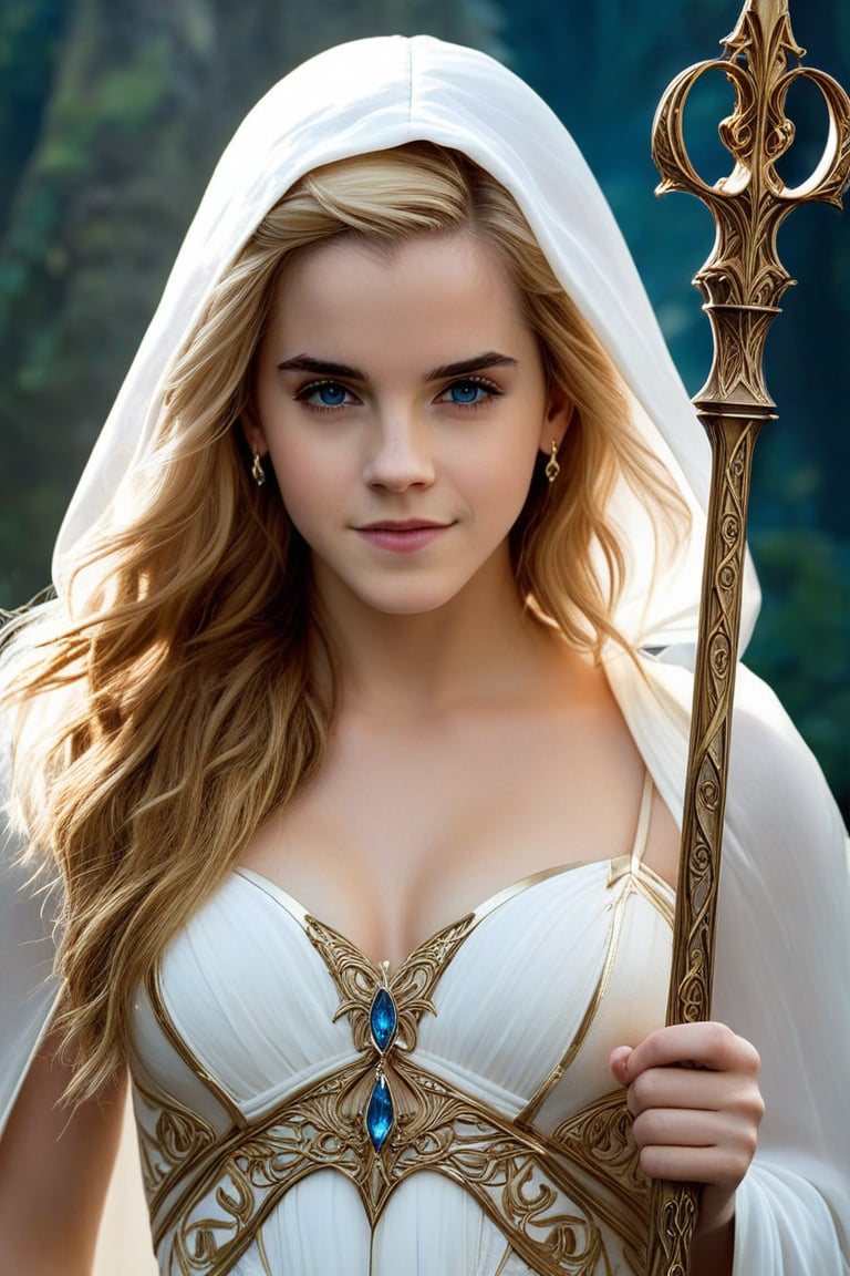 Mysterious Elf Maiden - A sultry pinup-inspired artwork depicts a striking blonde-elf woman (Emma Watson, at the age of 14) solo, indoors, with long hair cascading down her back, framing her enigmatic smile and piercing blue eyes that lock onto the viewer's gaze. She stands confidently in front of a dark, ornate backdrop, adorned in a flowing white dress with armor-like details, a hooded cape billowing behind her like mist. Her pointy ears and delicate earrings showcase her elven heritage. In one hand, she holds a staff, its intricate design glistening like the watermark on her circlet, adding mystique to this enchanting scene.