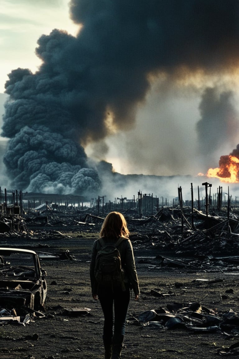 Armageddon's desolate landscape unfolds as Emma Watson, now a zombie, lies amidst a sea of lifeless bodies. The shot frames her grimacing face, lit by the faint glow of a distant fire, surrounded by a sprawl of corpses. Her once-beautiful features are now distorted, a testament to the apocalypse that has ravaged the world. In the background, the skeletal remains of buildings stretch towards the darkened sky, as if reaching for a sense of hope that is long lost.