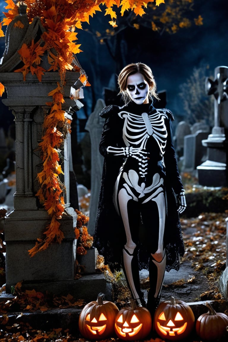 Emma Watson dressed in elaborate skeleton costume, standing at midnight amidst crumbling tombstones and eerie jack-o'-lanterns scattered across the dimly lit graveyard. Her bones are painted with intricate makeup, adding to the spooky ambiance as she strikes a pose, surrounded by an autumnal backdrop of twisted vines and weathered stone.