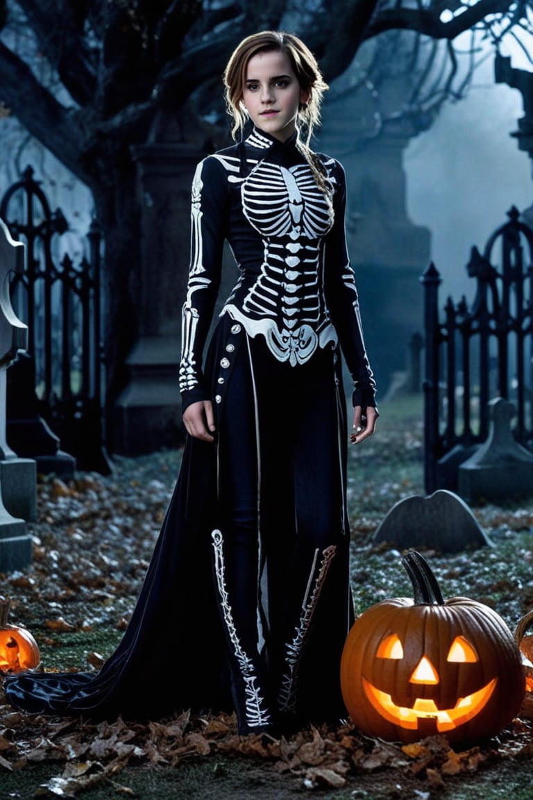 Emma Watson (at the age of 14) dressed in elaborate skeleton costum, standing amidst a backdrop of crumbling tombstones and twisted iron fencing. Her pale skin is painted with intricate bone-like makeup, mirroring her skeletal getup. A sea of jack-o'-lanterns, their glowing eyes like tiny stars, surround her, casting an eerie glow on the moonlit graveyard.