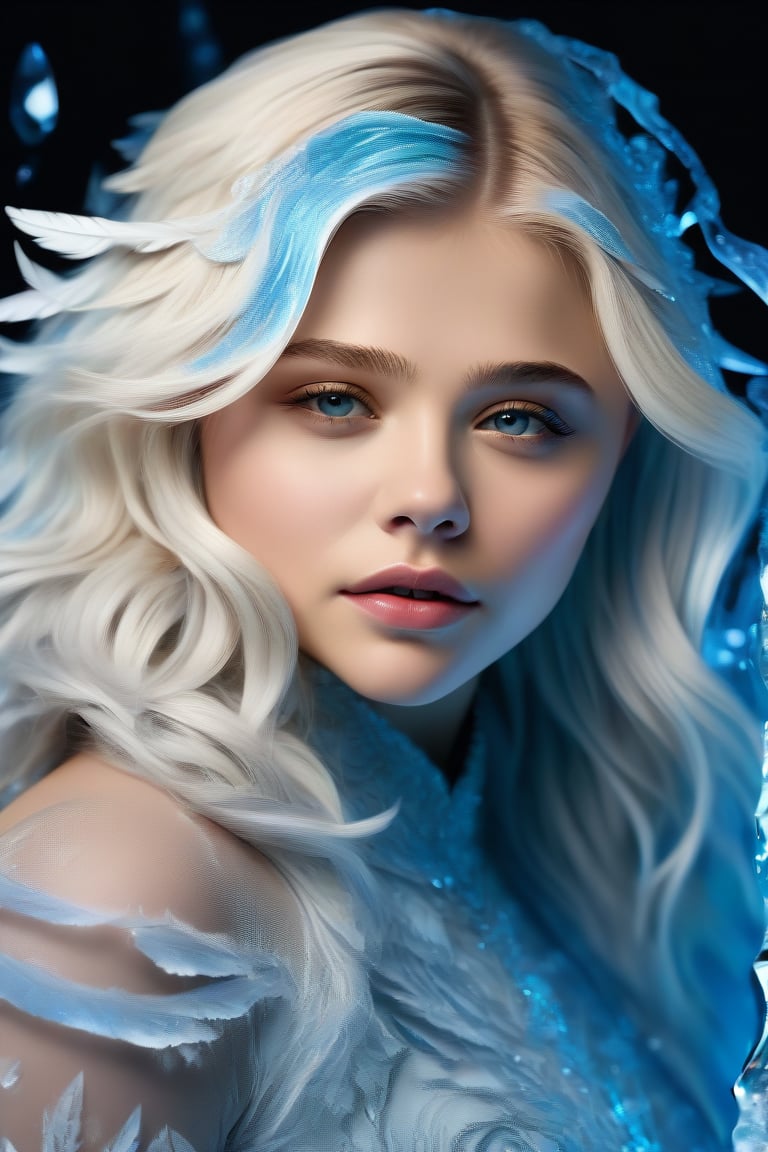 In this hyperrealistic half body shot, a youthful face (Chloë Grace Moretz), with white hair and blue-gray hues, is mesmerizing as she draws herself on a heavily frosted mirror. Her finger etches intricate patterns into the thick layer of ice, creating a super impressive, marine-painting-like effect. The alternating lighting casts a dramatic contrast between the frosted and cleared areas, highlighting the crystalline ice formations, delicate feathers, and swirls that cover the mirror's surface. Visible ice crystals add to the frozen ambiance, while an ethereal glow emanates from light refracting through the ice, amplifying the magical quality of this surreal scene.,