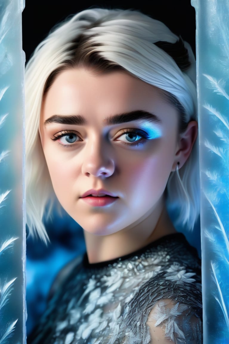 In this hyperrealistic half body shot, a youthful face (Maisie Williams), with white hair and blue-gray hues, is mesmerizing as she draws herself on a heavily frosted mirror. Her finger etches intricate patterns into the thick layer of ice, creating a super impressive, marine-painting-like effect. The alternating lighting casts a dramatic contrast between the frosted and cleared areas, highlighting the crystalline ice formations, delicate feathers, and swirls that cover the mirror's surface. Visible ice crystals add to the frozen ambiance, while an ethereal glow emanates from light refracting through the ice, amplifying the magical quality of this surreal scene.