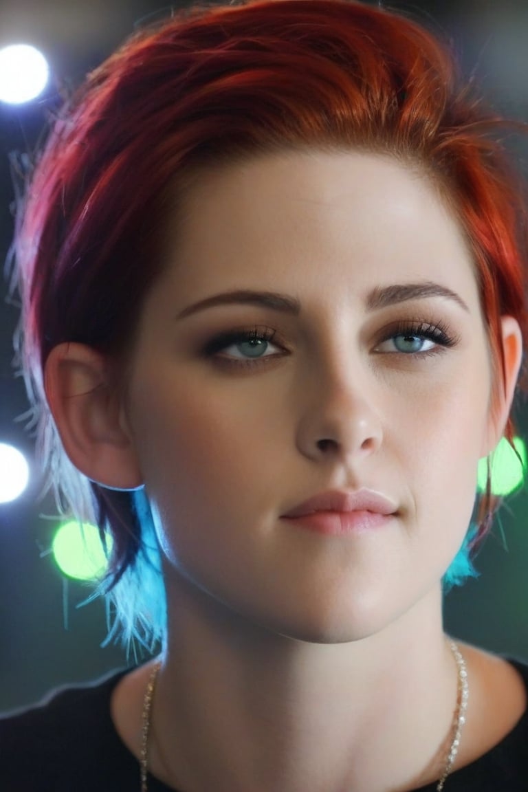 1 girl, upper body, Kristen Stewart, short hair, blue eyes, neon red hair, uv light, hair glowing, eyes glowing,