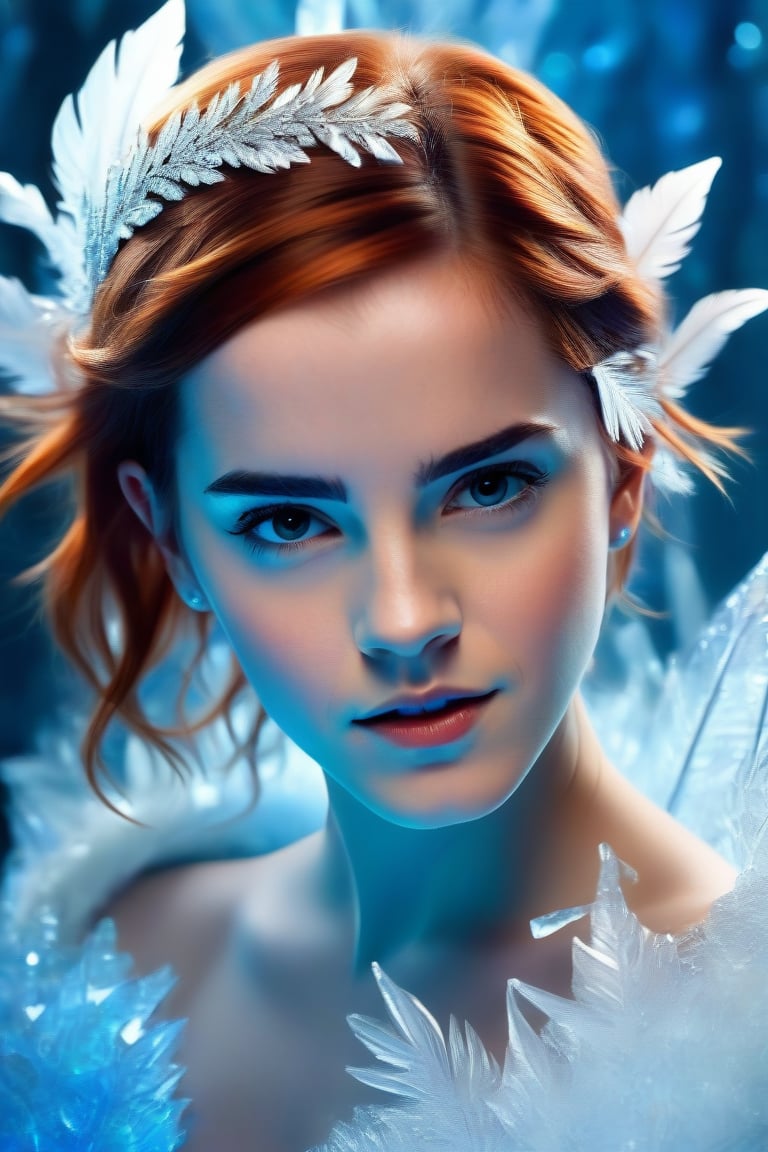 In this hyperrealistic half body shot, a youthful face (Emma Watson), with short red hair and blue-gray hues, is mesmerizing as she draws herself on a heavily frosted mirror. Her finger etches intricate patterns into the thick layer of ice, creating a super impressive, marine-painting-like effect. The alternating lighting casts a dramatic contrast between the frosted and cleared areas, highlighting the crystalline ice formations, delicate feathers, and swirls that cover the mirror's surface. Visible ice crystals add to the frozen ambiance, while an ethereal glow emanates from light refracting through the ice, amplifying the magical quality of this surreal scene.