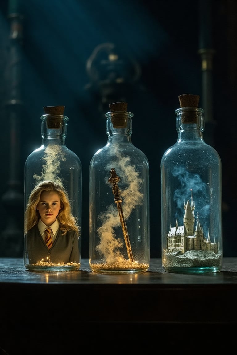 3 clear bottles on a table in a dark room, the first bottle contains Emma Watson as Hermione Granger, the second bottle contains a magical wand, the third bottle contains Hogwarts castle. Each bottle emits light. Fantasy cinematic, ultra high detailed image, Harry potter style