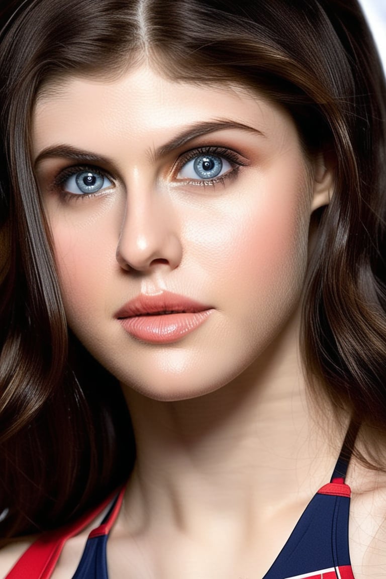 Craft a hyper realistic full body photo of the most attractive stunning young girl (Alexandra Daddario), baywatch swimsuit, perfectly intricate detailed eyes, make-up, intricate beauty, simple background, dim light, volumetric lighting, hyper realistic, blurry foreground, blurry background