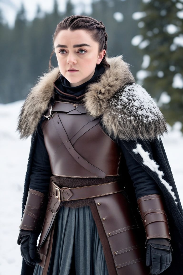 A winter wonderland scene: Maisie Williams' hair is tied back, revealing her striking features. She wears a leather armor set, with an open cloak flowing behind her. A furry collar adorns her neck, and she stands amidst a serene snowy landscape, perhaps preparing for battle or seeking refuge from the cold.