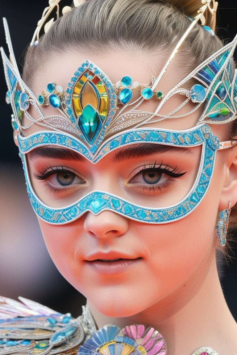 Close-up shot of Maisie Williams, a youthful and slender beauty, exuding a sporty yet elegant aura. She wears an intricately designed mask, adorned with delicate patterns and vibrant colors, as if straight from a carnival celebration. Her bright eyes sparkle beneath the ornate face covering, conveying a sense of playfulness and curiosity.