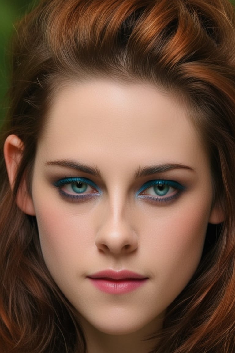 A captivating 3D close-up render of Kristen Stewart's face as she peers into the mysterious rabbit hole in Wonderland. Created using advanced 3D modeling software with hyper-realistic textures and lighting.

Pose and Framing:
- Kristen Stewart's face fills most of the frame, tilted slightly as she leans towards the hole
- One of her hands visible, reaching out to touch the edge of the rabbit hole
- Strands of her hair falling forward, framing her face

Rabbit Hole:
- Edge of the hole visible in the foreground, taking up the bottom third of the image
- Swirling, spiral-like patterns visible inside the hole
- Soft, ethereal glow emanating from within

Lighting and Atmosphere:
- Dramatic contrast between the dark forest and the glowing rabbit hole
- Magical light from the hole reflecting in Kristen Stewart's wide eyes
- Subtle rim lighting on Kristen Stewart's hair, creating a halo effect

Details and 3D Techniques:
- Extremely high polygon count for Kristen Stewart's face, capturing every detail
- Subsurface scattering on Kristen Stewart's skin for a lifelike appearance
- Depth of field effect, with sharp focus on Kristen Stewart's eyes and the edge of the hole
- Particle effects like dust or small glowing spores floating near the hole

Color Palette:
- Warm, golden light from the rabbit hole
- Cool, blue-green tones for the surrounding forest
- Pale skin tones and rosy cheeks for Alice
- Vibrant blue for Kristen Stewart's eyes, reflecting the magical light

Composition:
- Extreme close-up, with Kristen Stewart's face and the rabbit hole edge as the focal points
- Dutch angle to add a sense of disorientation and wonder

Post-processing:
- Subtle glow around the edges of the frame for a dreamy effect
- Slight color grading to enhance the contrast between the warm glow and cool shadows
- Micro-contrast adjustment to bring out the fine details in Kristen Stewart's face

The overall effect should be an intimate, hyper-realistic 3D portrait that captures Kristen Stewart's intense curiosity and wonder as she discovers the rabbit hole, drawing the viewer into her moment of fascination and the beginning of her adventure.