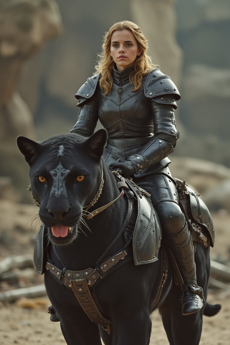 Emma Watson with elegant hair, wears clad lether armor while riding a mechanical, armored panther, futuristic theme