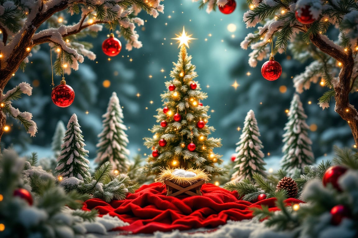 A whimsical Christmas scene unfolds: a 1st Advent display stands tall amidst a backdrop of snow-kissed trees and twinkling...