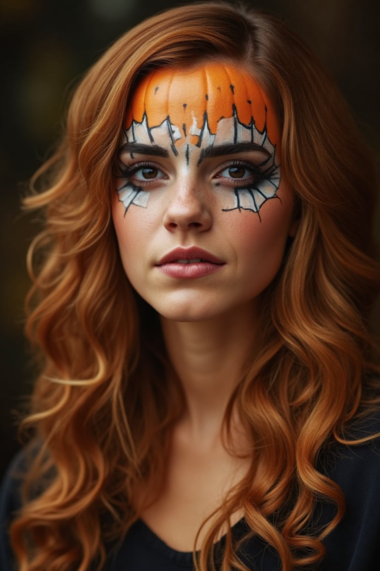 portrait, Emma Watson, shot hair, perfectly detailed and intricate pumpkin make-up