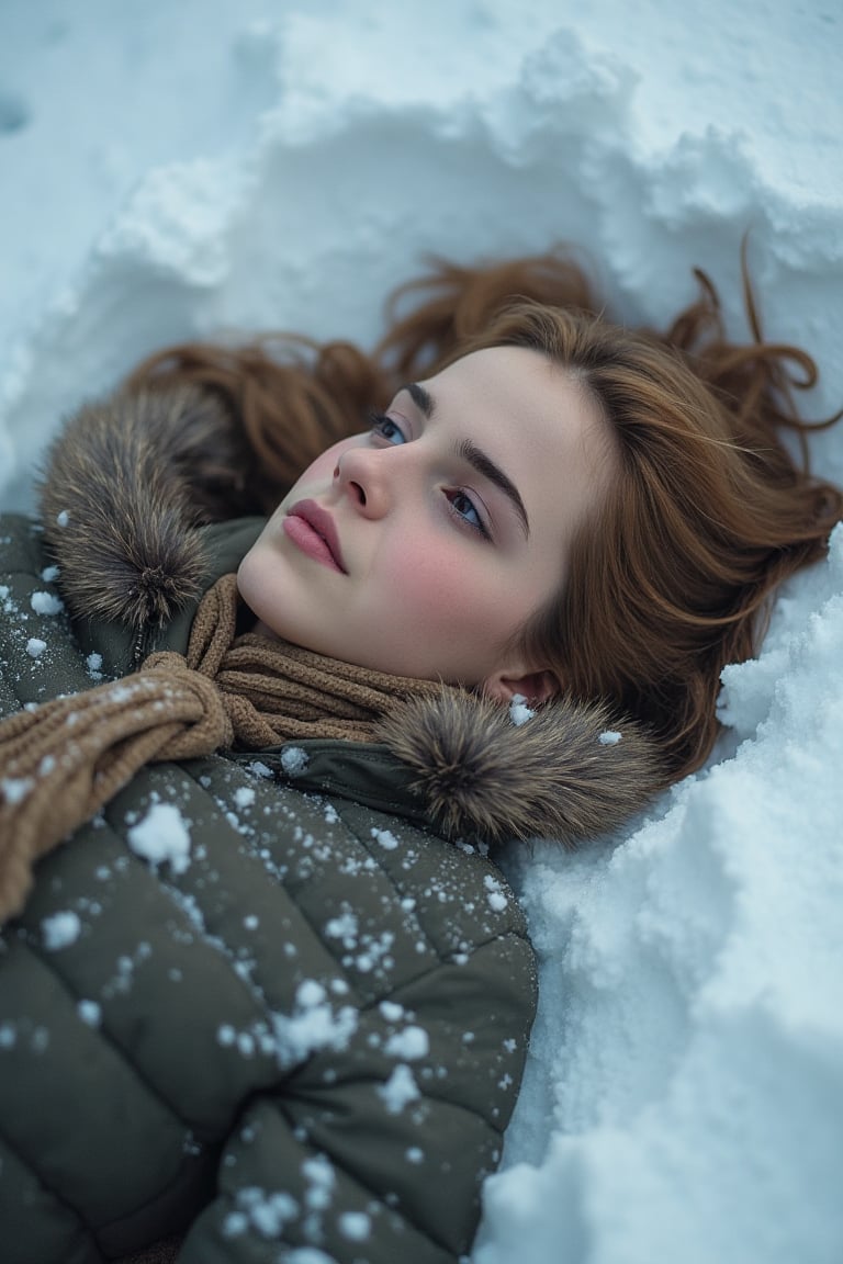 full body photo, Emma Watson (14 years old), lies in the snow, lies on her back, making a snow angel
BREAK
cinematic lights, professional full facial cosplay make-up, detailed eyes, detailed face, detailed hands