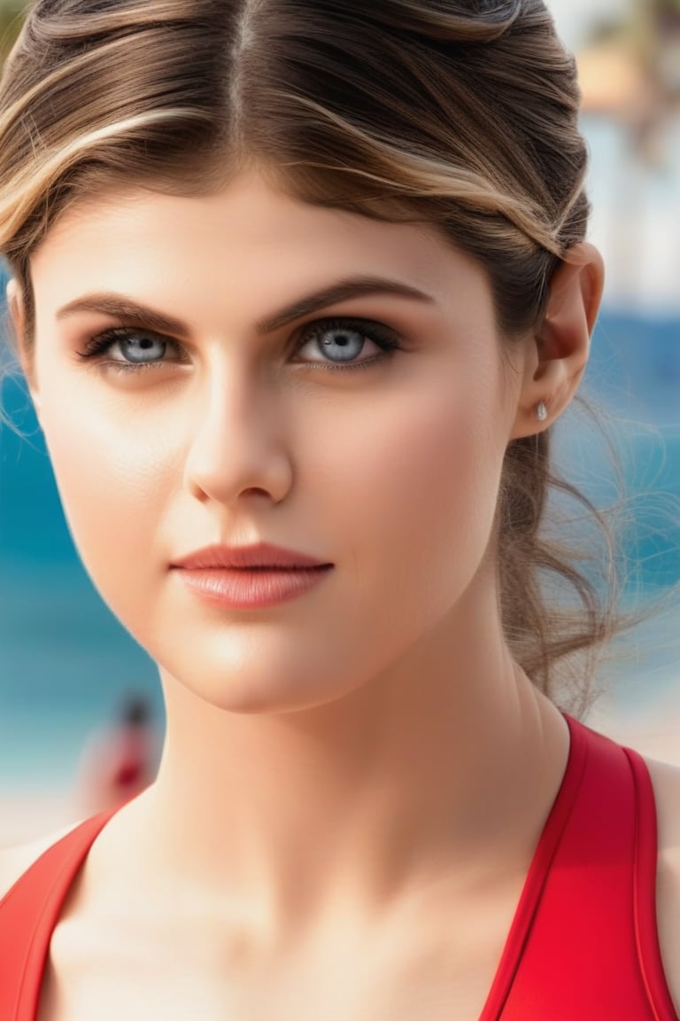 hyper realistic, full body, young girl, Alexandra Daddario, swimsuit, (baywatch swimsuit), perfectly detailed eyes, perfect make-up, intricate beauty, simple background, dim light, blurry foreground, blurry background