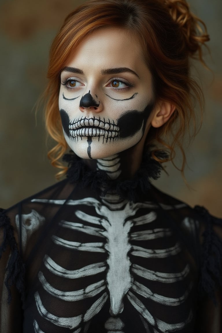 portrait, Emma Watson, shot hair, perfectly detailed and intricate skeleton make-up