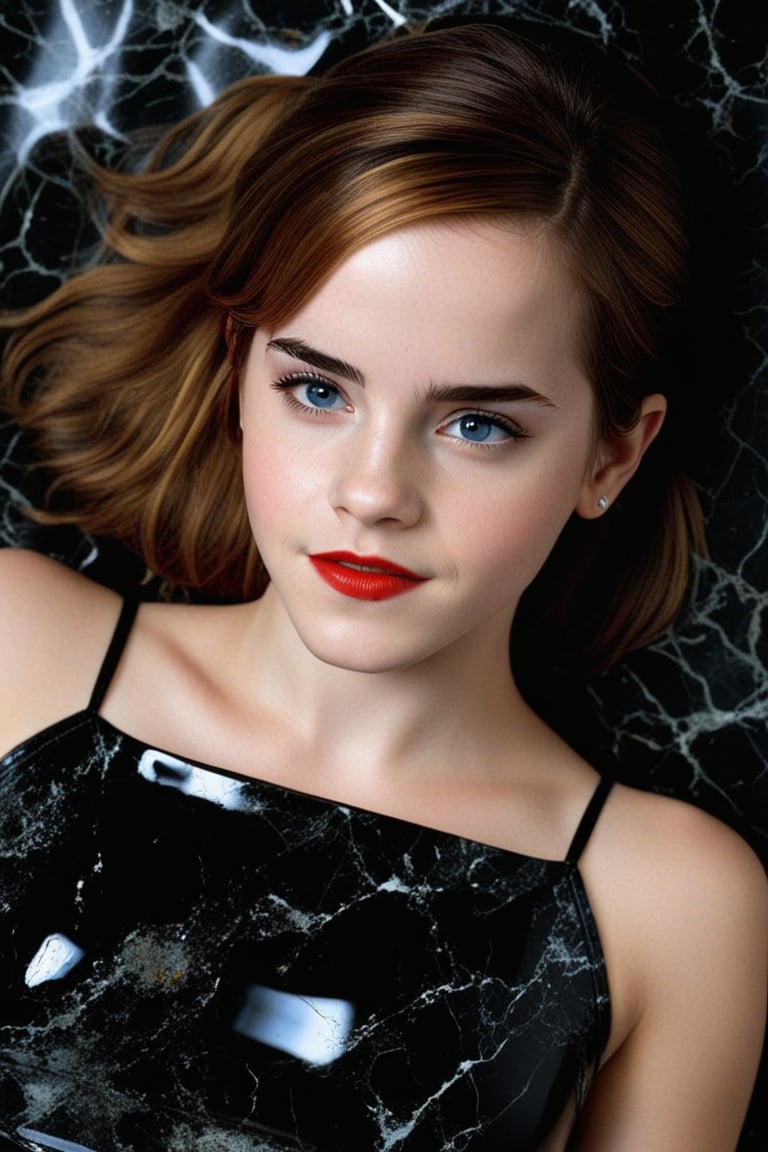 Permanent fusion: Emma Watson, 14 years old, with piercing blue eyes and fiery red lips, lies on a black marble altar. Liquid black marble covers her body, causing her body to merge seamlessly with the dark stone surface, as if she were becoming one with the ancient relic forever.