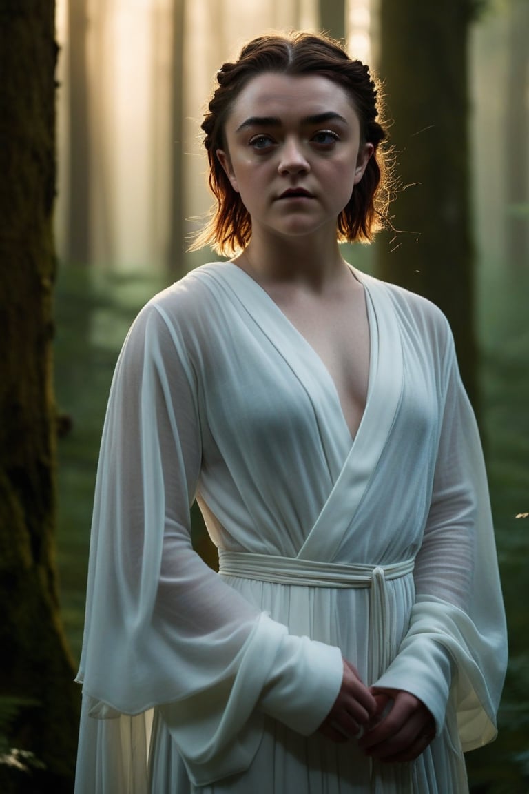 Moonlit woods, shrouded in an aura of mystique, set the stage for Maisie Williams's enigmatic portrayal. Dressed in flowing white robes that seem to blend with the ethereal mist, she stands as a beacon of luminescence amidst the whispers of ancient trees. Her eyes aglow like lanterns in the darkness, she reaches out to grasp the spectral form of a whispering spirit. Shards of broken moonlight dance across her face, casting an otherworldly glow that illuminates her beauty. The framing is tight, focusing on Maisie's contemplative pose as the mist swirls around her, creating a sense of intimacy and mystery.