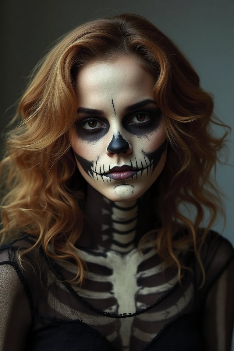 portrait, Emma Watson, shot hair, perfectly detailed and intricate skeleton make-up