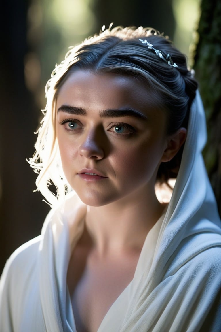 Moonlit woods, shrouded in an aura of mystique, set the stage for Maisie Williams's enigmatic portrayal. Dressed in flowing white robes that seem to blend with the ethereal mist, she stands as a beacon of luminescence amidst the whispers of ancient trees. Her eyes aglow like lanterns in the darkness, she reaches out to grasp the spectral form of a whispering spirit. Shards of broken moonlight dance across her face, casting an otherworldly glow that illuminates her beauty. The framing is tight, focusing on Maisie's contemplative pose as the mist swirls around her, creating a sense of intimacy and mystery.